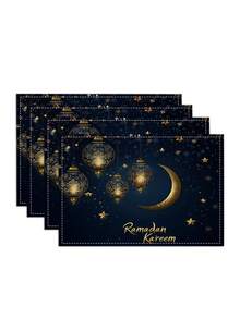 1 pièce Tapis de table thème Ramadan avec des lanternes dorées et un design de croissant de lune - résistant à la chaleur, idéal pour les dîners en famille et les réceptions d'invités, décoration de célébration du Ramadan, décoration de table du Ramadan | Décoration de table festive | Vaisselle - Multicolore - Voir 1