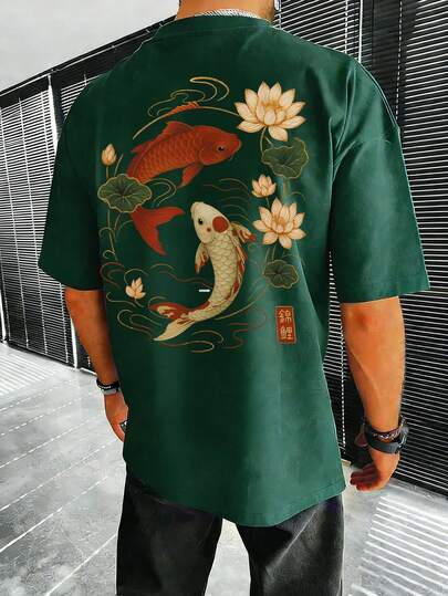 Men's Summer Fashion Minimalist Street Carp Element Print Round Neck Short Sleeve T-Shirt | All-Match Street Casual Pullover, Boyfriend/Husband Gift