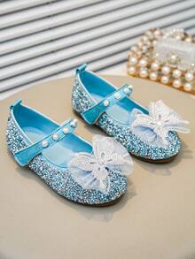 1 Pair Girls' Glitter Flat Shoes, Made Of Shiny PU Material, Inlaid With Rhinestones And Pearl Bow, Closed Toe Design, Suitable For Party, Dancing And Daily Occasions - Blue - View 2