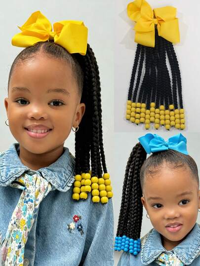 1pc Kids Hair Extensions With Bow Clip , Fluffy And Cute Short Ponytails, With Hair Colorful Beads At The End, Daily And Party Hair