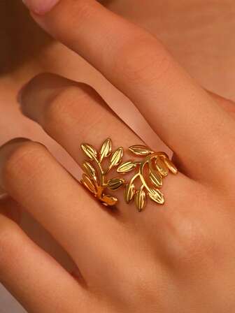 1pc Fashionable Minimalist Unisex Stainless Steel Leaf Shaped Open Ring, Suitable For Daily Wear