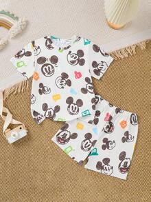 Disney 男童授权可爱米奇老鼠两件套 - 圆领无袖上衣和短裤，米奇图案，夏季休闲T恤，活泼时尚，透气面料，两件套，儿童短裤套装，小男孩两件套 - 杏色 - 查看 3