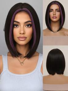 Tóc giả ngắn thẳng 12 inch màu đen highlight tím, rẽ ngôi giữa, dành cho nữ, chất liệu tự nhiên, bồng bềnh và thoáng khí, sợi tổng hợp chịu nhiệt. Lý tưởng cho người mới bắt đầu, tạo kiểu tóc thời trang hàng ngày. Hoàn hảo cho các buổi hẹn hò, chụp ảnh, cosplay, tiệc tùng trang trọng, lễ hội âm nhạc và các buổi gặp gỡ xã hội. - Làm nổi bật màu tím - Xem 1