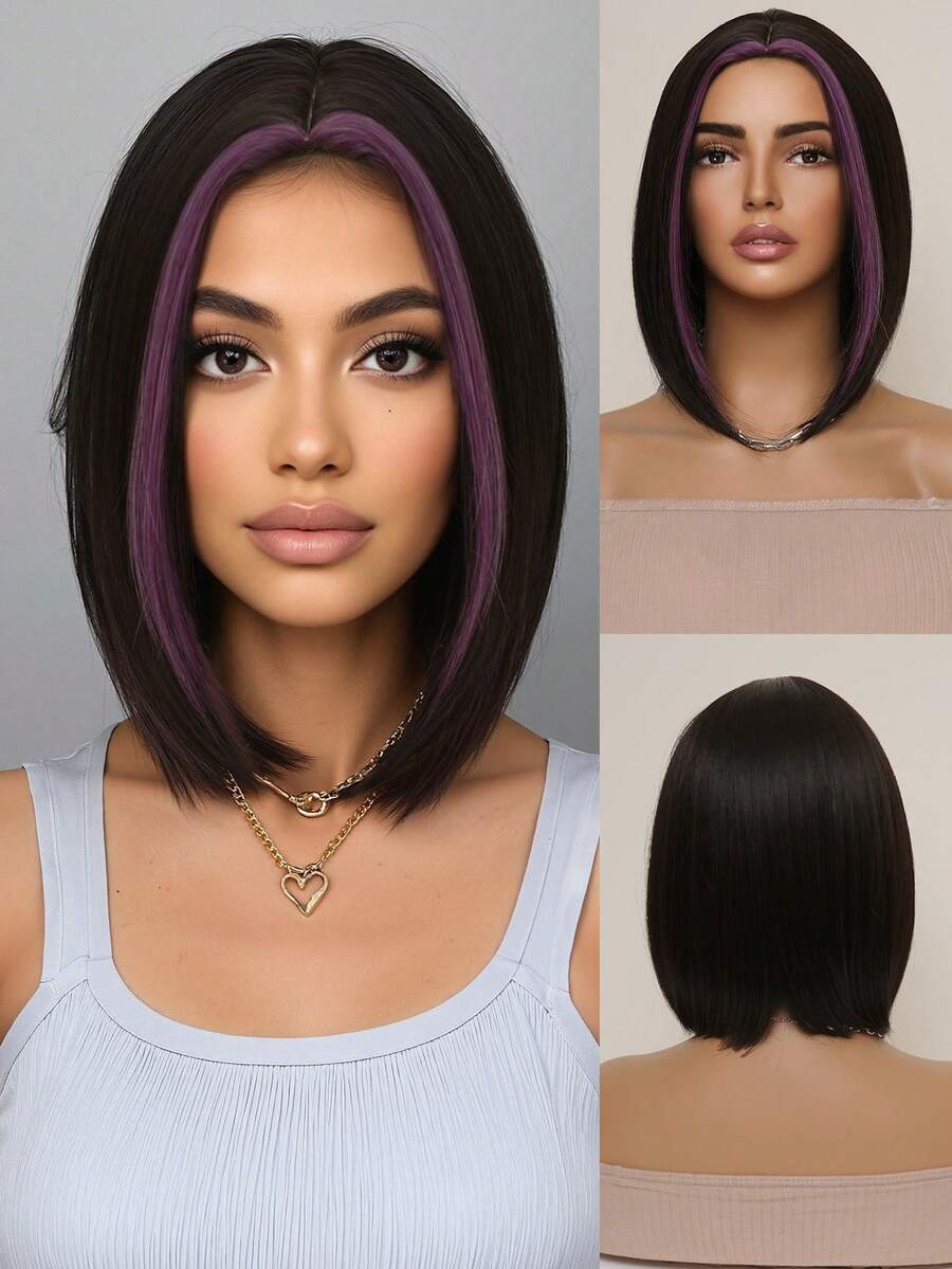 Tóc giả ngắn thẳng 12 inch màu đen highlight tím, rẽ ngôi giữa, dành cho nữ, chất liệu tự nhiên, bồng bềnh và thoáng khí, sợi tổng hợp chịu nhiệt. Lý tưởng cho người mới bắt đầu, tạo kiểu tóc thời trang hàng ngày. Hoàn hảo cho các buổi hẹn hò, chụp ảnh, cosplay, tiệc tùng trang trọng, lễ hội âm nhạc và các buổi gặp gỡ xã hội. - Làm nổi bật màu tím - Xem 1