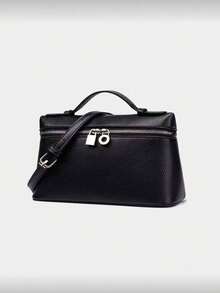 New Versatile Women's Bag, Lunch Box Bag, Handbag, Shoulder And Crossbody Bag, Simple And Fashionable Solid Black Crocodile Pattern Fabric Box-Shaped Bag With Smooth Hardware Zipper Closure, Top Single Handle, Adjustable Long Shoulder Strap Design For Single Shoulder, Crossbody Or Handheld Use, Interior Can Hold Lipstick, Keys, Cosmetics And Other Daily Items, Suitable For Women For Commuting, Going Out Shopping, Dating, And Everyday Occasions - Black - View 2