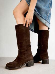 Knee High Boots For Woman Square Toe Fall Wide Calf Pull On Chunky Block Heeled Boots Riding Boots Knight Women's Boots Autumn Casual Comfortable Block Heels For Women - 巧克力棕 - 查看 1