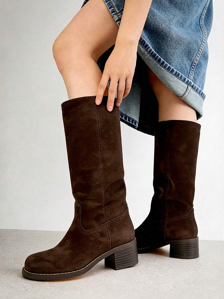 Knee High Boots For Woman Square Toe Fall Wide Calf Pull On Chunky Block Heeled Boots Riding Boots Knight Women's Boots Autumn Casual Comfortable Block Heels For Women - 巧克力棕 - 查看 1