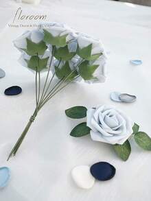 50支（25朵玫瑰花，25片叶子）人造玫瑰花枝，适用于DIY婚礼花束、餐桌装饰、派对、婴儿派对、家居装饰，也非常适合情人节、礼物、生日、浪漫场合、婚礼、新年、毕业典礼（不含包装） - 淺藍色 - 查看 6
