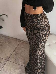 Autumn Leopard Print Fishtail Skirt, Fashionable For Festive Occasions - Brown - View 6