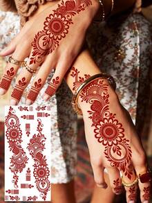 1 张斋月吉祥红棕色指甲花吊坠临时纹身贴纸，适用于女性手部，新月藤蔓图案，斋月假纹身，手指脚部曼陀罗吊坠贴花，伊斯兰教穆斯林开斋节配饰 - 棕色 - 查看 9