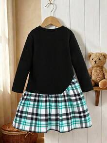 Vestido Manga Longa Evasê Feminino, Design com Laço de Contas, Adequado para Escola e Uso Diário, Estampa Xadrez Impressa Digitalmente, Tecido Confortável - Preto - Visão 3