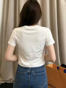 Bow & Letter Print Loose Fit Short Sleeve T-Shirt For Women, New Summer Style Vacation Casual White - White - View 6