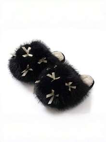 1双女士毛绒蝴蝶结装饰黑色绒面拖鞋，保暖室内/室外皆可穿着，厚底，秋冬季 - 黑色 - 查看 12