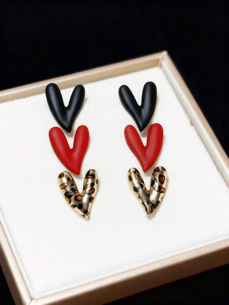 3 pares de pendientes con estampado de leopardo y corazón rojo pintado, adecuados para uso diario, excelente regalo de Navidad - Multicolor - Añade 2