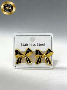 1/2/4/5/9-Piece Sets, Stainless Steel Enamel Flower/Bow Stud Earrings. Flower Designs Include Five-Petal Blooms And Four-Leaf Clover Shapes, Available In Black, Pink, Lake Blue, Bright Red, And White. - Multicolor - View 10