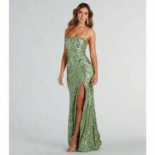 New Hot-Selling Dress Fashionable And Sexy Suspender Halter High Split Celebrity Sequined Dress (2 Colors) - Green - View 9