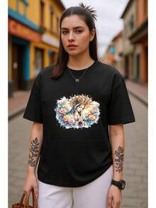 2026 Camiseta de manga corta con estampado de flores mexicanas | Estilo Virgen María (Color Negro/Blanco) | Camiseta Casual Algodón 180g | Blusas Mexicanas de Mujer Estilos Populares - Negro - Ver 8
