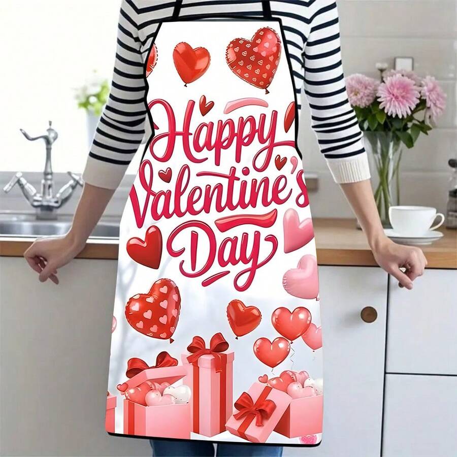 1 Stück Schürze mit Happy Valentine's Day Motiv mit bunten Herzluftballons und Geschenkboxen Design, ideal für romantisches Kochen und Backen, Valentinstag Party Dekoration, Feier Zubehör, festlicher Kochschürze - Verschiedenfarbig - Übersicht 1