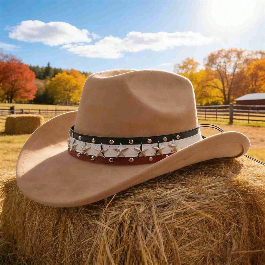 Women Men Cowgirl Hat, Vintage Stars Rivets Roll-Up Wide Brim Western Hat For Club Party - Lạc đà - Xem 1