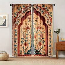 两片装摩洛哥宫廷印花窗帘，适合斋月及日常使用，涤纶半透明材质，可机洗，杆袋式设计（不含窗帘杆），适用于办公室、客厅、卧室、餐厅、厨房、浴室、书房等场所。易于安装的半透明窗帘，四季皆宜的家居装饰。 - 彩色 - 查看 1