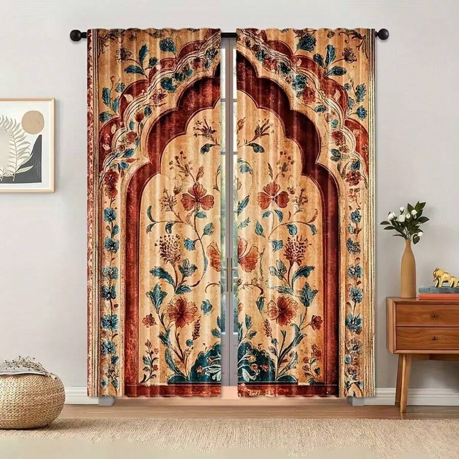 两片装摩洛哥宫廷印花窗帘,适合斋月及日常使用,涤纶半透明材质,可机洗,杆袋式设计(不含窗帘杆),适用于办公室、客厅、卧室、餐厅、厨房、浴室、书房等场所。易于安装的半透明窗帘,四季皆宜的家居装饰。 - 彩色 - 查看 1