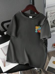 Camiseta casual de manga corta con cuello redondo y estampado de letras y dibujos animados para niño preadolescente - Gris Oscuro - Ver 2