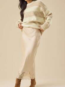 2026 Womens Lace Trim Long Satin Skirt Silk Elegant High Waist Cocktail Party Wedding Flowy A-Line Maxi Skirts - trắng - Xem 4