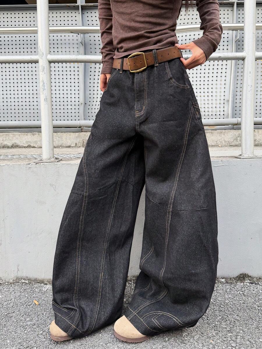 1件装 女士日系街头风复古拼接筒状牛仔裤，宽松阔腿裤，舒适百搭的高街牛仔裤（不含腰带/配饰）休闲黑色春季款 - 黑色 - 查看 1