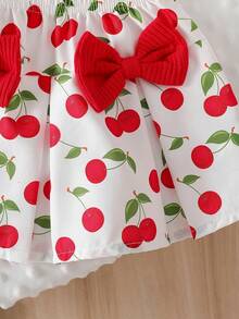 2pcs Baby Girls Summer Ribbed Contrast Lace Sleeveless Cherry Embroidered Top And White Butterfly Print Skirt Set - Red - View 7