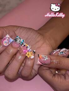 SANRIO 24 miếng dán móng tay gel 3D hình vuông ngắn - Hình dán 3D đáng yêu với họa tiết kẹo mút, bướm, sao và thánh giá, hoàn hảo cho móng tay acrylic, bao gồm 1 lọ keo và 1 dũa móng, phù hợp cho phụ nữ và các cô gái sử dụng hàng ngày, dự tiệc và tụ họp. - Nhiều màu - Xem 1