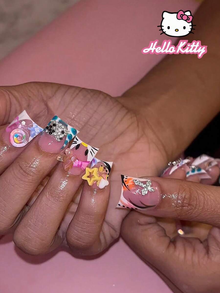 SANRIO 24 miếng dán móng tay gel 3D hình vuông ngắn - Hình dán 3D đáng yêu với họa tiết kẹo mút, bướm, sao và thánh giá, hoàn hảo cho móng tay acrylic, bao gồm 1 lọ keo và 1 dũa móng, phù hợp cho phụ nữ và các cô gái sử dụng hàng ngày, dự tiệc và tụ họp. - Nhiều màu - Xem 1