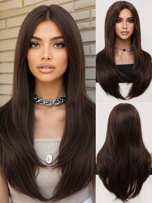 Tóc giả dài thẳng màu nâu mocha thanh lịch, rẽ ngôi giữa, dài 26 inch, dành cho nữ, trông tự nhiên, mềm mại, thoáng khí, làm từ sợi tổng hợp chịu nhiệt. Lý tưởng cho người mới bắt đầu tạo kiểu tóc thời trang hàng ngày. Hoàn hảo cho các buổi hẹn hò, chụp ảnh, cosplay, tiệc tùng sang trọng, lễ hội âm nhạc, tụ họp. - màu nâu - Xem 1