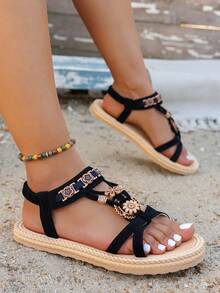 Bohemian Style Women's Flat Sandals, Elegant & Fashionable Ladies' Sandals, Round Toe Pearl Floral Beach Shoes, Vacation & Outdoor Sandals - Black - View 4