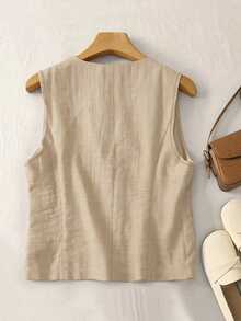 Áo blazer nữ dáng rộng, không tay, cài một hàng khuy, chất liệu pha lanh, thích hợp cho mùa xuân/hè. - Màu Khaki - Xem 2