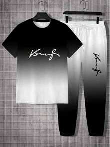 2 件大号字母图案印花休闲装，舒适透气，适合日常、通勤、户外、运动健身，3D 打印技术，加大码男士服装