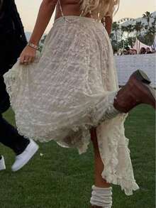 女士秋冬西部朋克风纯色波西米亚Y2K不对称下摆蕾丝半身裙，适合返校、乡村音乐节、万圣节、波西米亚风场合，白色蕾丝半身裙 - 白色 - 查看 5