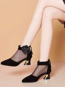 Sepatu Hak Tinggi Wanita, Sepatu Slip-On Bernapas dengan Motif Jala dan Patchwork, Sepatu Formal Hak Tebal dengan Hiasan Rhinestone, Musim Semi/Panas - Hitam - View 10