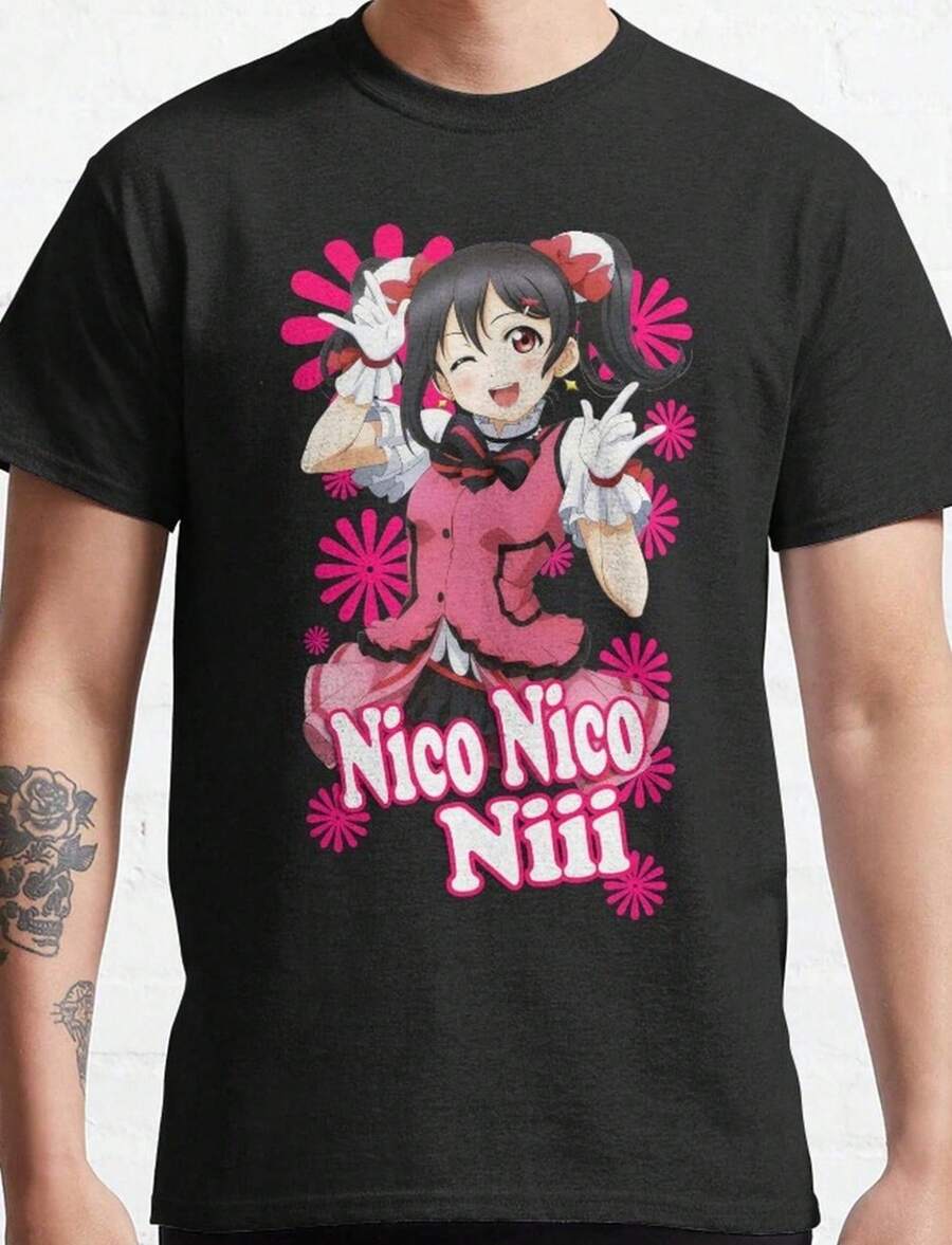 Mens Black-Shirt With Vivid Anime Pattern - Nico Nico Nii Design Soft Cotton Casual Short Sleeve-Shirt Suitable Daily We - 黑色 - 查看 1