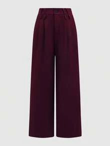 SMILE CHIC 女士通勤休闲阔腿裤，宽松时尚纯色独特腰带设计，适合办公室和日常穿着。 - 酒紅色 - 查看 10