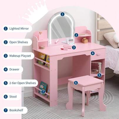 Vanidad para niños con Espejo Iluminado y Taburete, Cambiador para niñas pequeñas y Maquillaje de Madera con luz LED Ajustable, estantería, cajón de Almacenamiento y estantes para niñas de 3