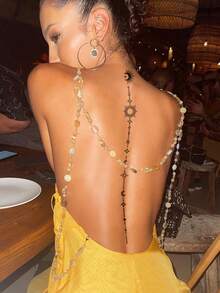 2 Sheets Sexy Line Style Body Art Back Waist Spine Painting Temporary Tattoo Stickers, Moon, Heart And Geometric Patterns.Waterproof Fake Tattoos,Lasting 2-5 Days,Can Be Applied To The Arms, Neck, Waist, Spine, And Legs. Perfect For Festivals, Weddings, Vacations, Party Gifts, Music Festivals, And Body Decoration. - Black - View 3