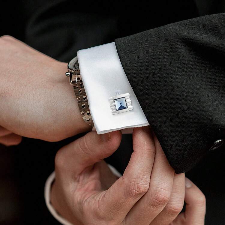 1 Pair Blue Square Rhinestone Copper Alloy Cufflinks, Fashionable For Party And Gathering - أزرق فاتح اللون - مشاهدة 3
