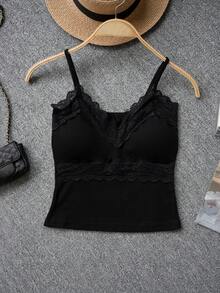 蕾丝V领性感吊带背心，女士春夏款，带胸垫，露背，修身打底衫 - 黑色 - 查看 2