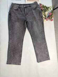 女士加大码保暖直筒裤 - 中腰设计，冬季保暖，日常休闲时尚 - 中灰色 - 查看 7