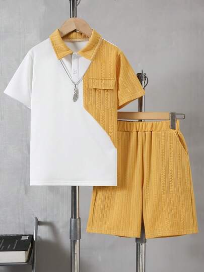 Boys' Casual Floral Pattern Pocket Splice Contrast Color Polo Shirt & Shorts Set, Spring/Summer