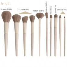 10支装化妆刷套装，包含腮红刷、眼影刷、眉刷、鼻刷，轻松打造全脸妆容，刷毛柔软蓬松，抓粉力强。