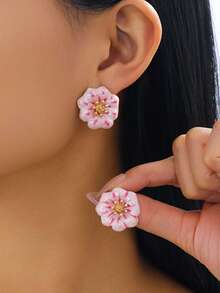 1 Pair Handmade Elegant Sweet Gradient Tie Dye Pink Flower Stud Earrings, Summer Holiday Style - Pink - View 1