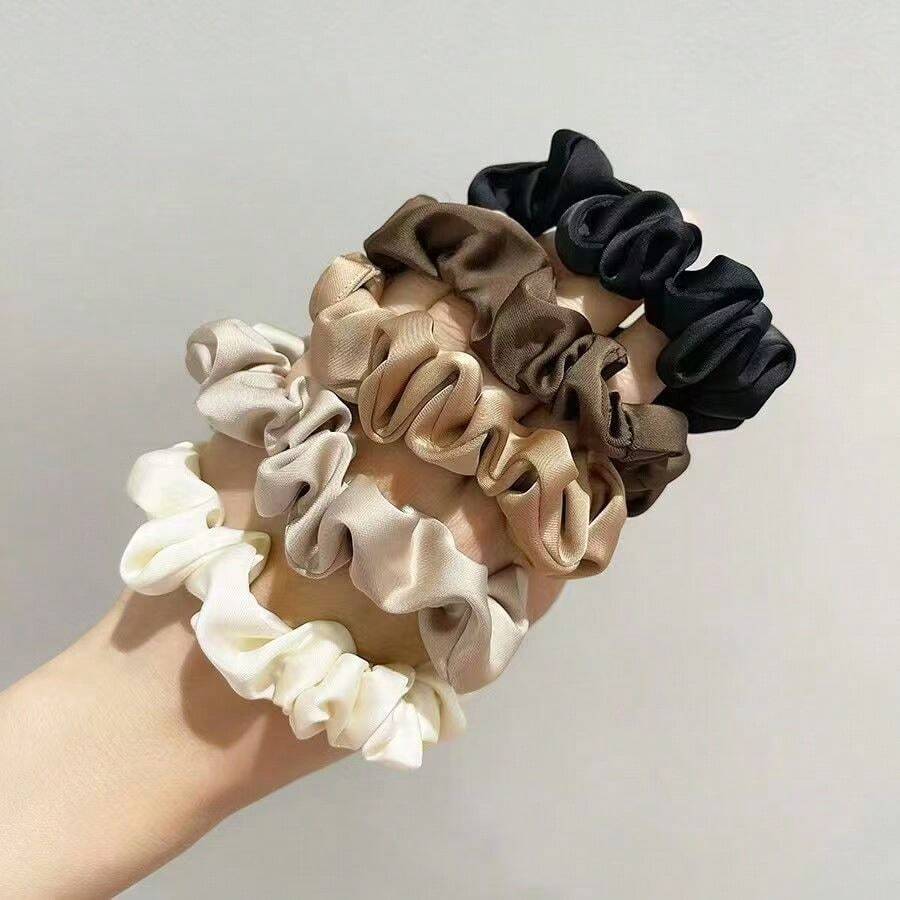 5pcs Korean Basic Satin Scrunchies, Neutral Tones, French Elegant Style Hair Ties For Ponytail, Bun, Everyday Wear ,Hair Elastics ,Hair Rubber Bands ,Hair Rope Head Accessories