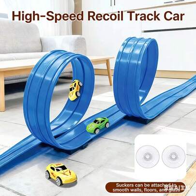 45m Red & Blue Track Set, DIY Placement, PE Material, Rear Pull Back Power, Suction Cup, Multi-Scene Use (Sand, Beach, Grass, Track), Holiday/Birthday Gift, Includes: 2pcs Rear Pull Back Power Cars, 2pcs Formula Racing Cars, 2pcs Chassis, Standard Accessories