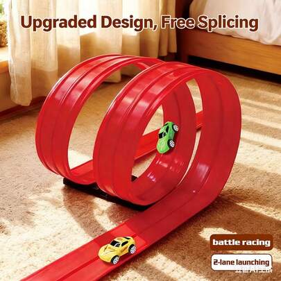 45米红蓝轨道套装，DIY搭建，PE材质，带吸盘的后回力动力车，多场景适用（沙地、沙滩、草坪、轨道），节日/生日礼物玩具，包含：2辆后回力动力车、2辆方程式赛车、2个底盘、标准配件